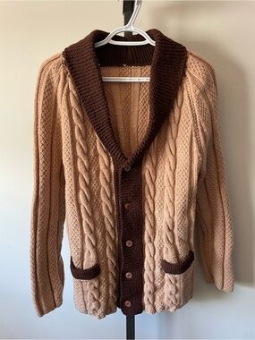 Vintage 80s Handmade Chunky Cable Knit Shawl Collar Cardigan Sweater Granny